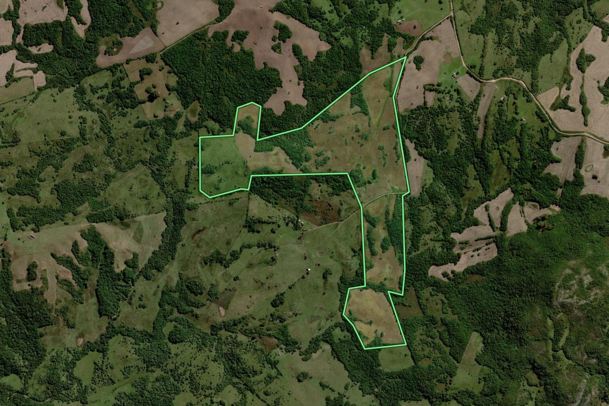 Imagem de satélite do imóvel rural em Piratini (RS), com o contorno declarado no CAR desenhado por cima.