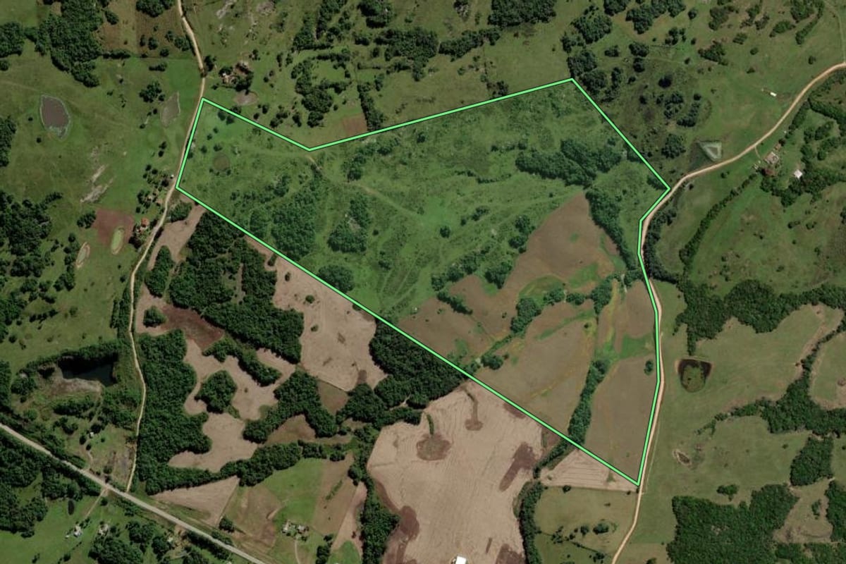 Imagem de satélite do imóvel rural em Piratini (RS), com o contorno declarado no CAR desenhado por cima.