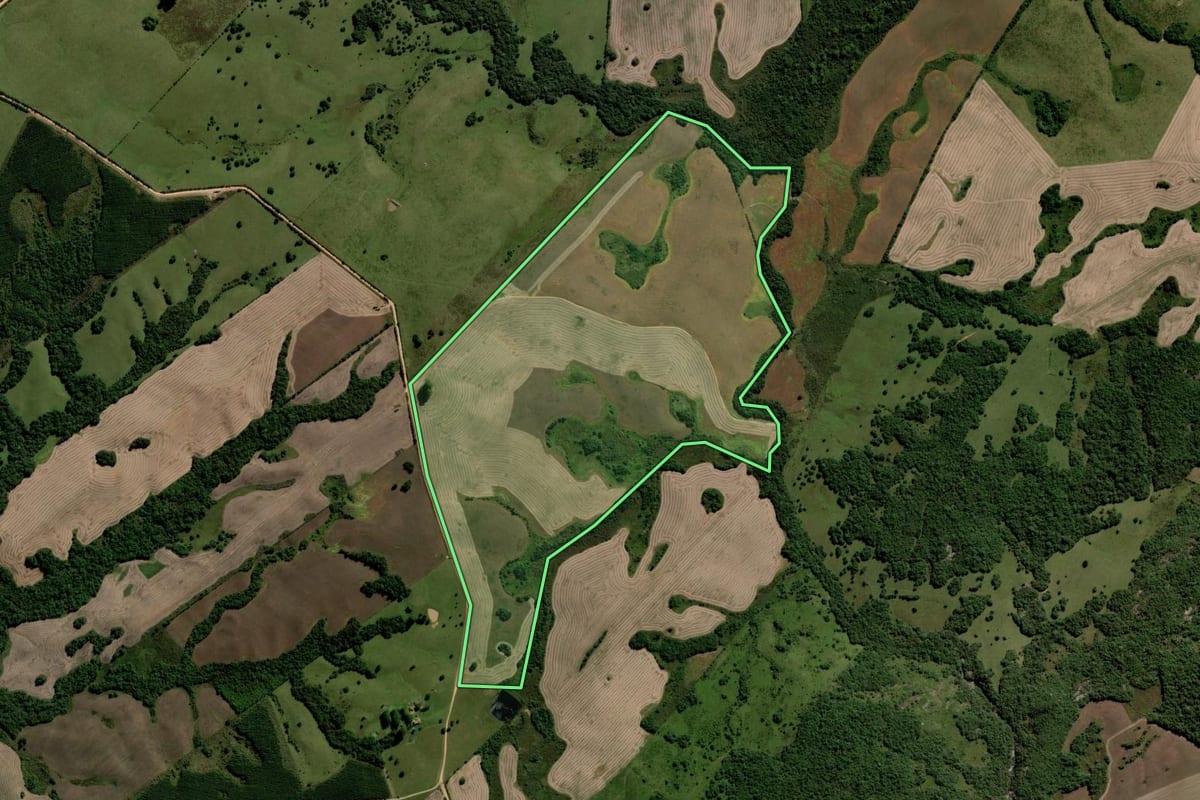 Imagem de satélite do imóvel rural em Piratini (RS), com o contorno declarado no CAR desenhado por cima.