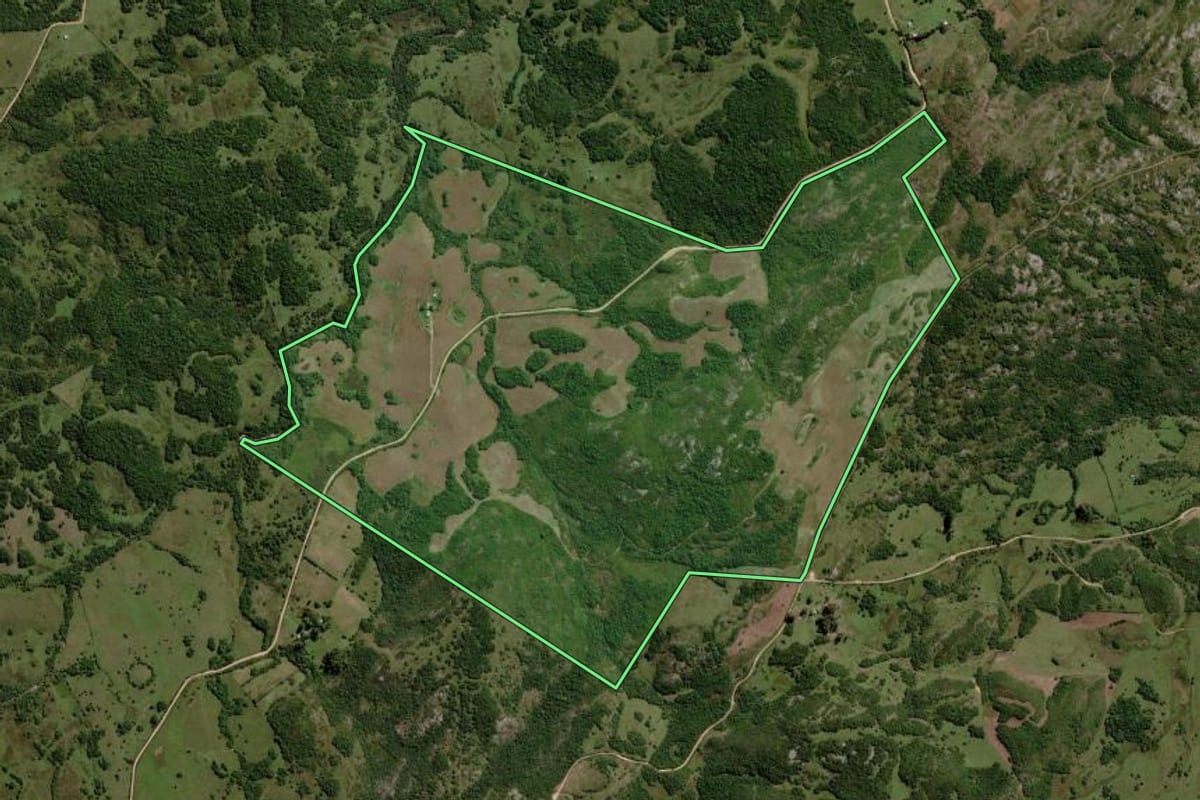 Imagem de satélite do imóvel rural em Piratini (RS), com o contorno declarado no CAR desenhado por cima.
