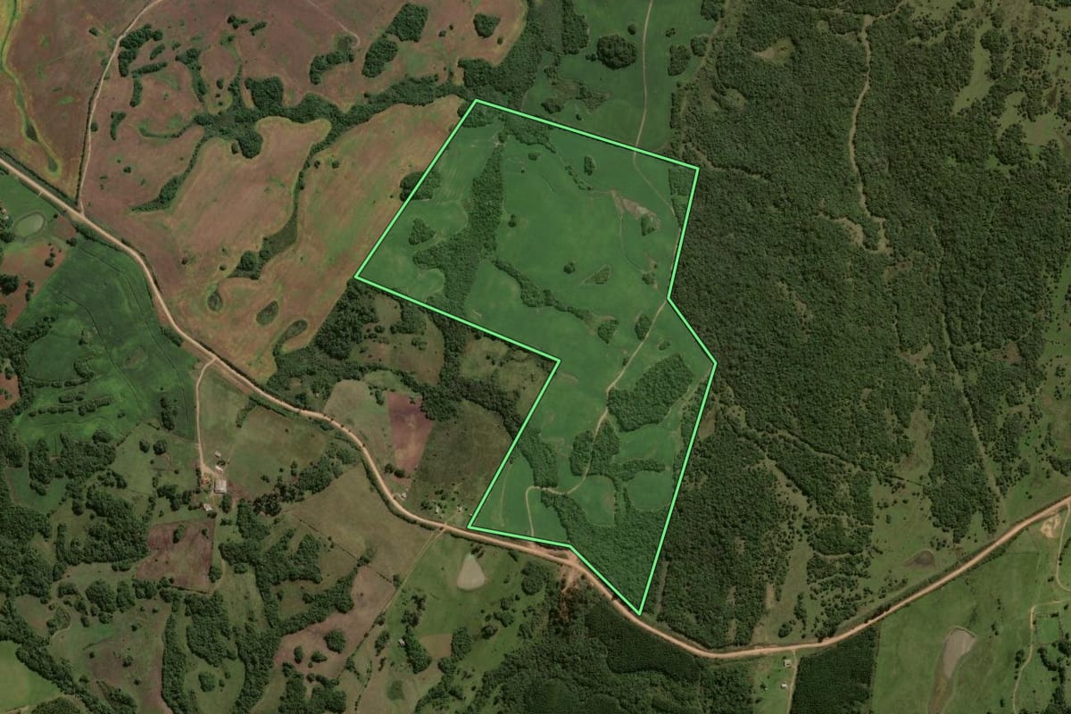 Imagem de satélite do imóvel rural em Piratini (RS), com o contorno declarado no CAR desenhado por cima.
