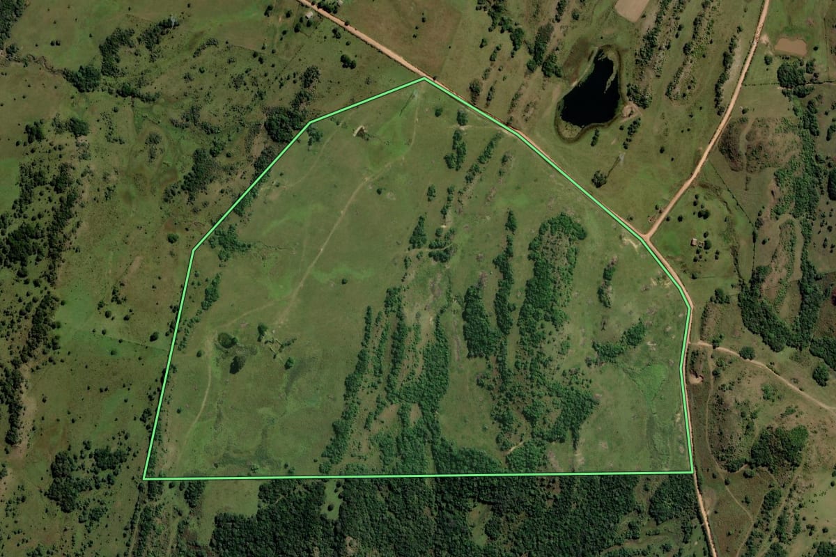 Imagem de satélite do imóvel rural em Piratini (RS), com o contorno declarado no CAR desenhado por cima.