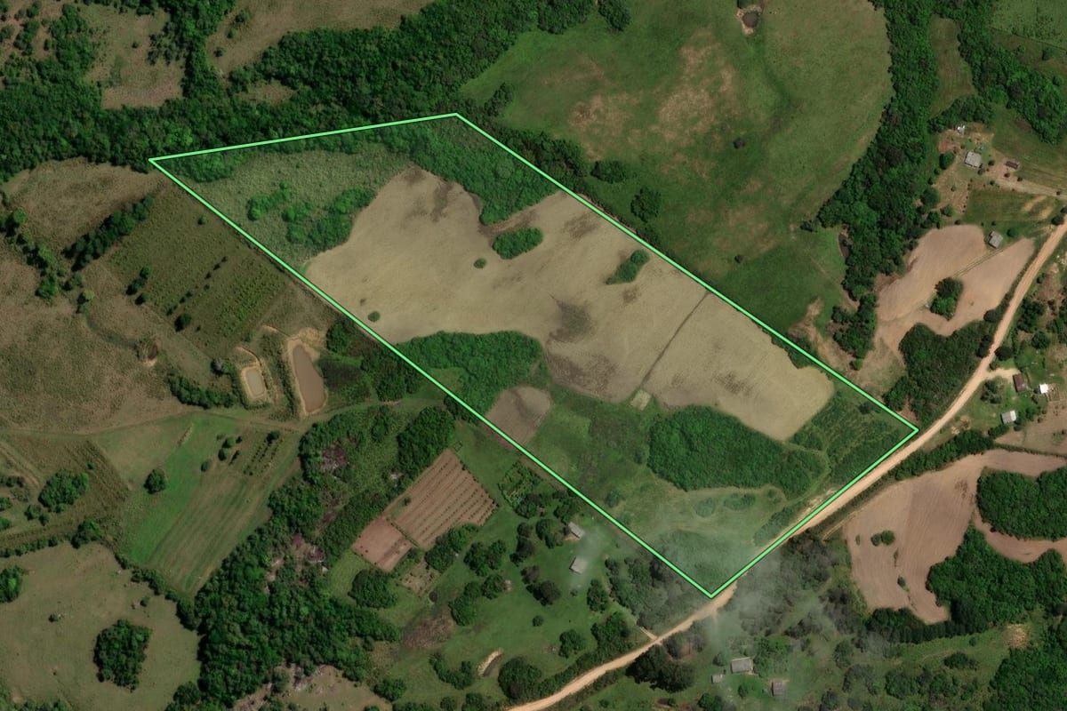 Imagem de satélite do imóvel rural em Piratini (RS), com o contorno declarado no CAR desenhado por cima.