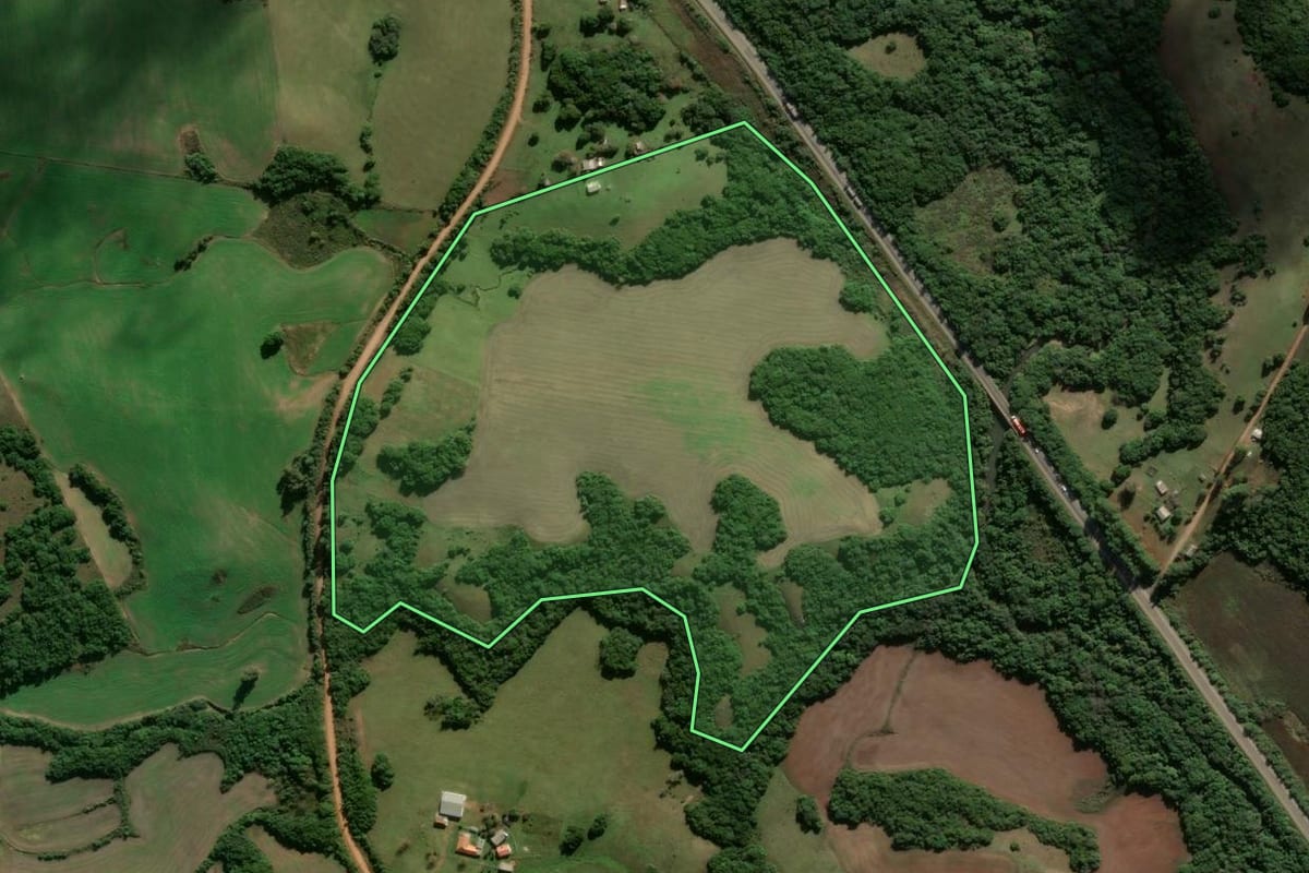 Imagem de satélite do imóvel rural em Piratini (RS), com o contorno declarado no CAR desenhado por cima.