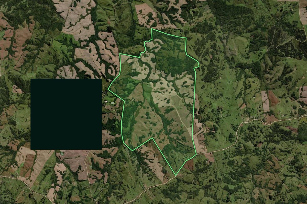 Imagem de satélite do imóvel rural em Piratini (RS), com o contorno declarado no CAR desenhado por cima.