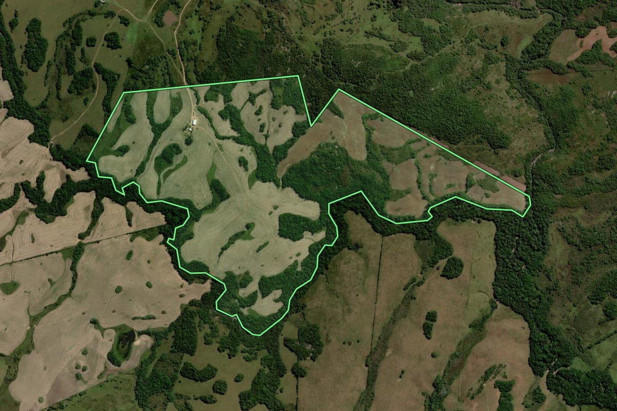 Imagem de satélite do imóvel rural em Piratini (RS), com o contorno declarado no CAR desenhado por cima.