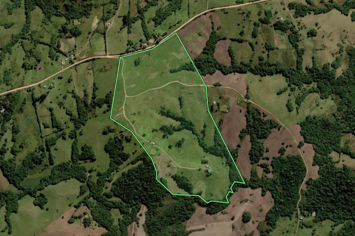 Imagem de satélite do imóvel rural em Piratini (RS), com o contorno declarado no CAR desenhado por cima.