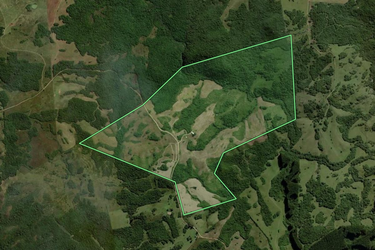 Imagem de satélite do imóvel rural em Piratini (RS), com o contorno declarado no CAR desenhado por cima.