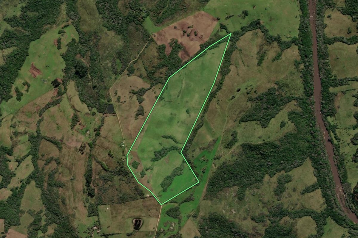 Imagem de satélite do imóvel rural em Piratini (RS), com o contorno declarado no CAR desenhado por cima.
