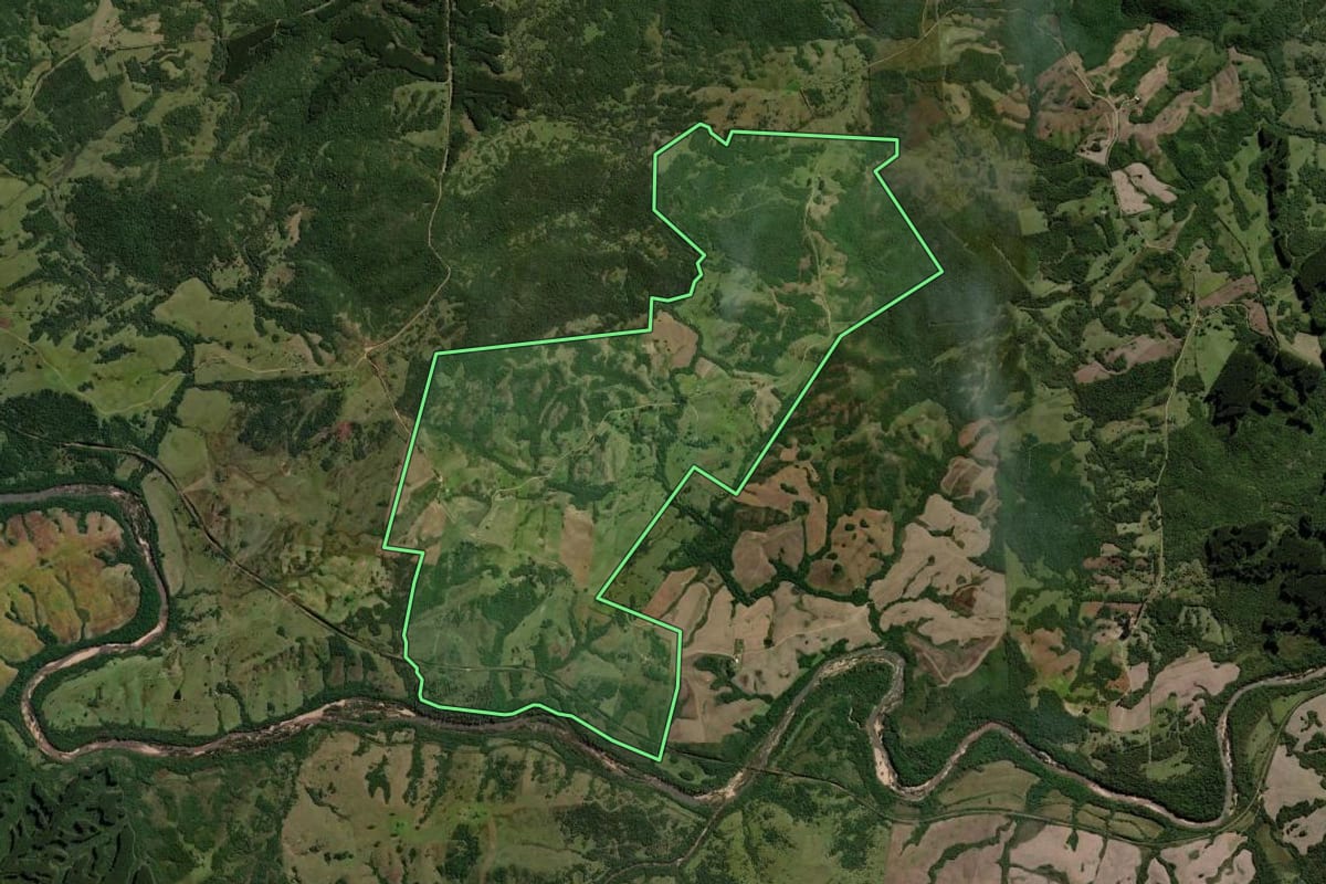 Imagem de satélite do imóvel rural em Piratini (RS), com o contorno declarado no CAR desenhado por cima.