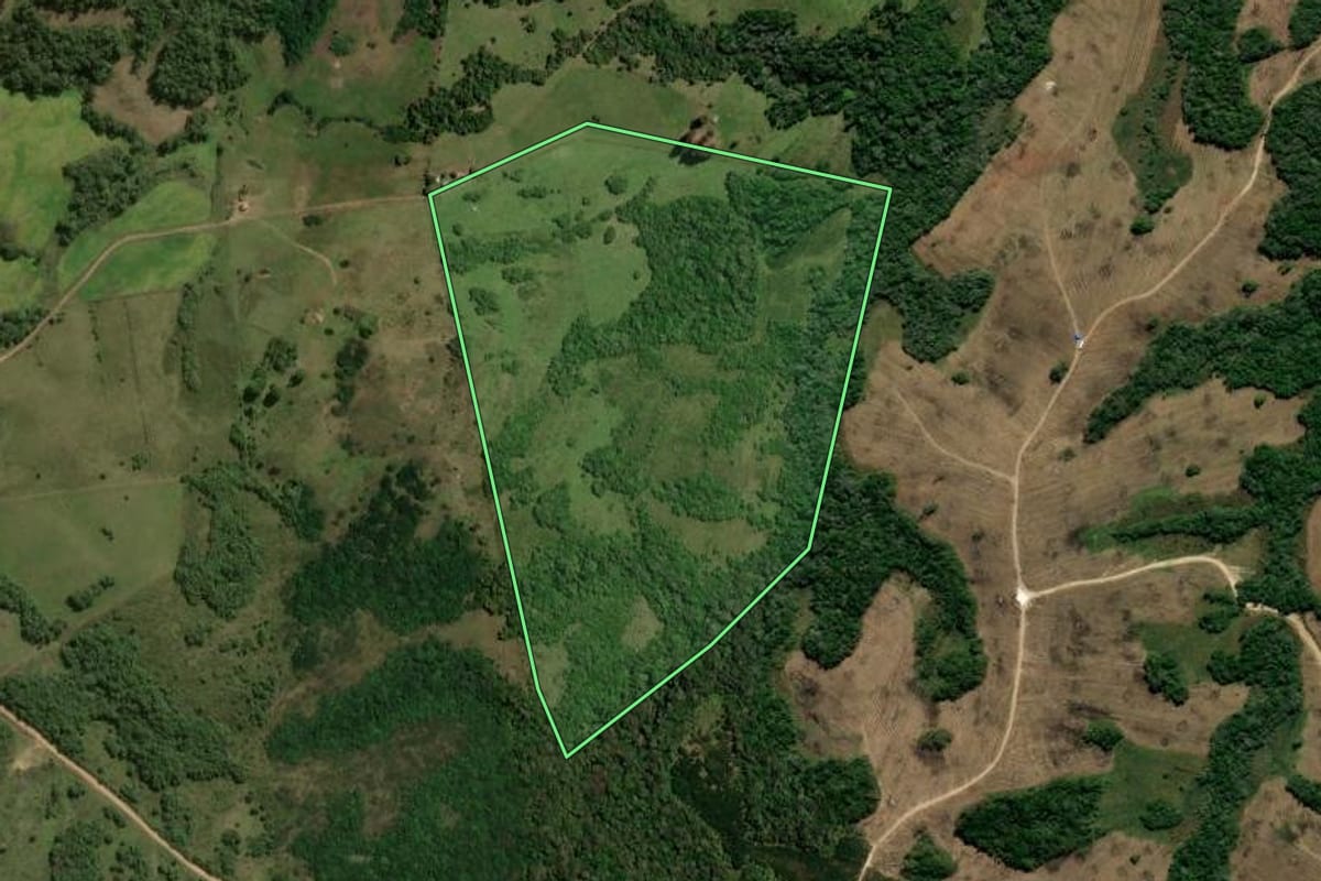 Imagem de satélite do imóvel rural em Piratini (RS), com o contorno declarado no CAR desenhado por cima.
