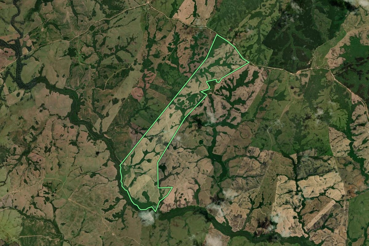 Imagem de satélite do imóvel rural em Piratini (RS), com o contorno declarado no CAR desenhado por cima.