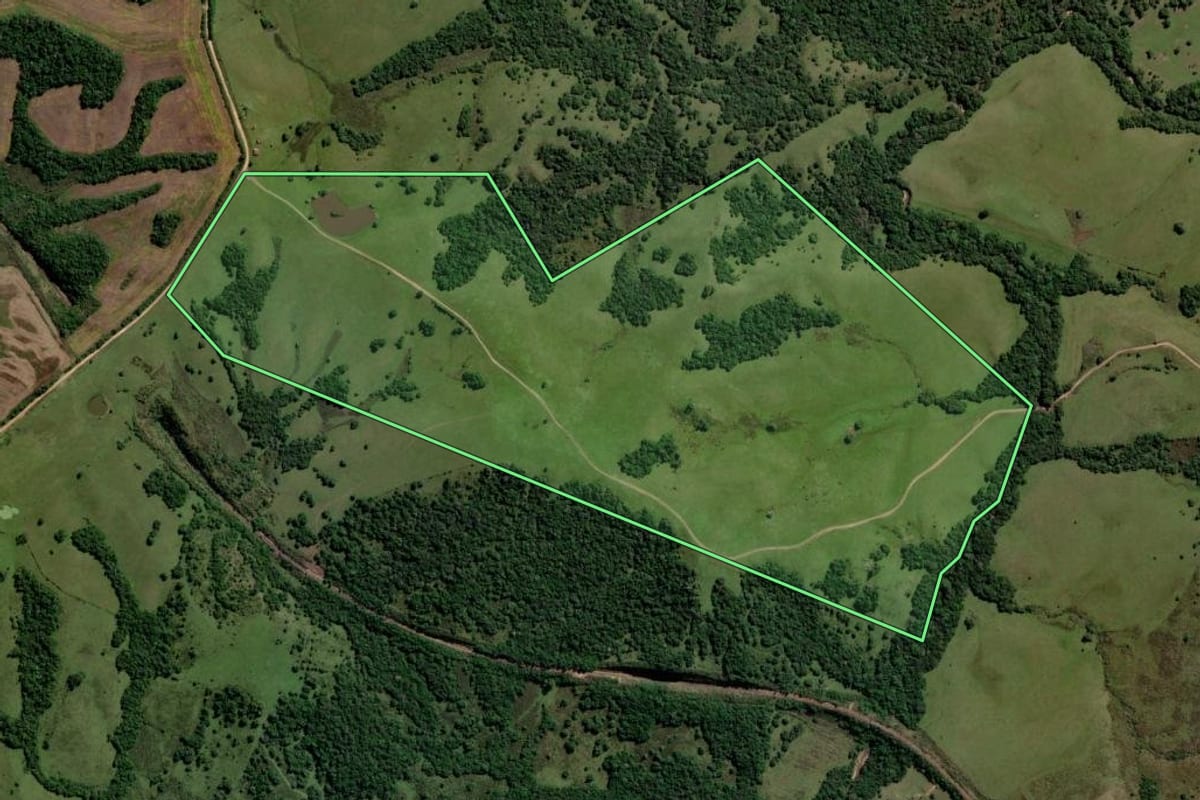 Imagem de satélite do imóvel rural em Piratini (RS), com o contorno declarado no CAR desenhado por cima.
