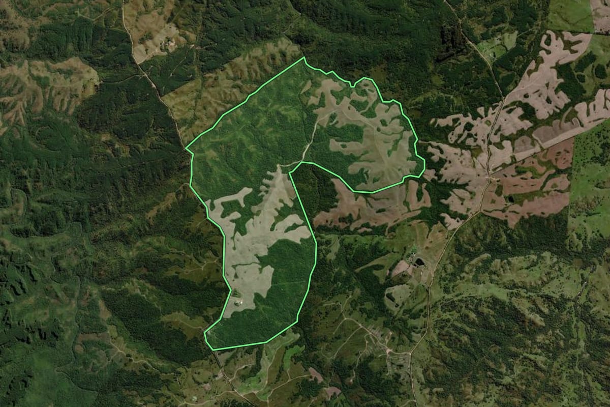 Imagem de satélite do imóvel rural em Piratini (RS), com o contorno declarado no CAR desenhado por cima.