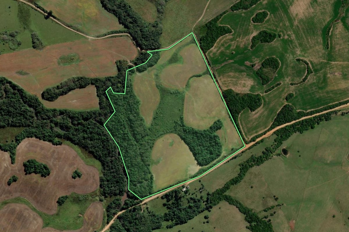 Imagem de satélite do imóvel rural em Piratini (RS), com o contorno declarado no CAR desenhado por cima.