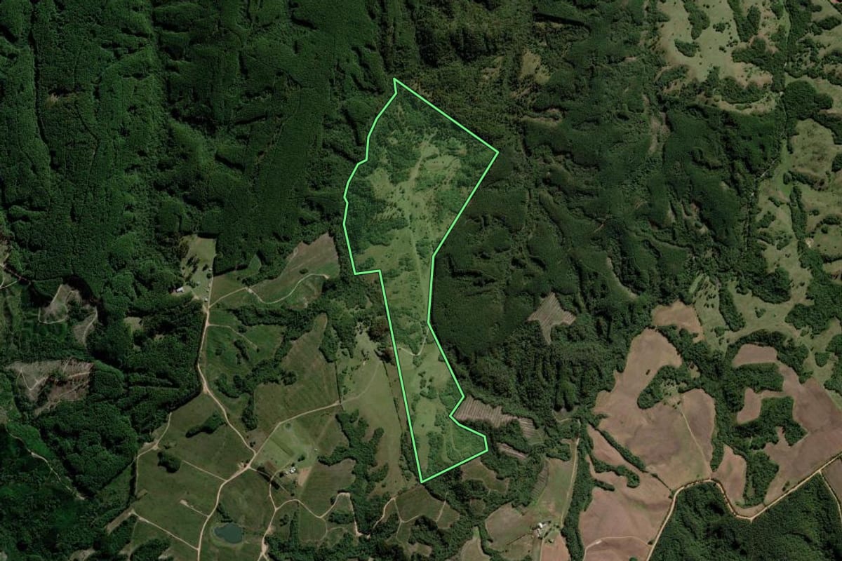 Imagem de satélite do imóvel rural em Piratini (RS), com o contorno declarado no CAR desenhado por cima.