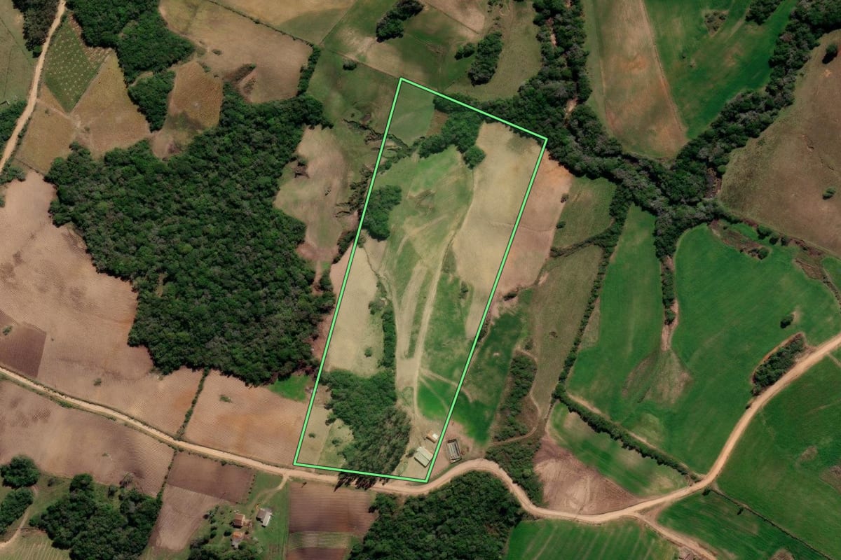 Imagem de satélite do imóvel rural em Piratini (RS), com o contorno declarado no CAR desenhado por cima.