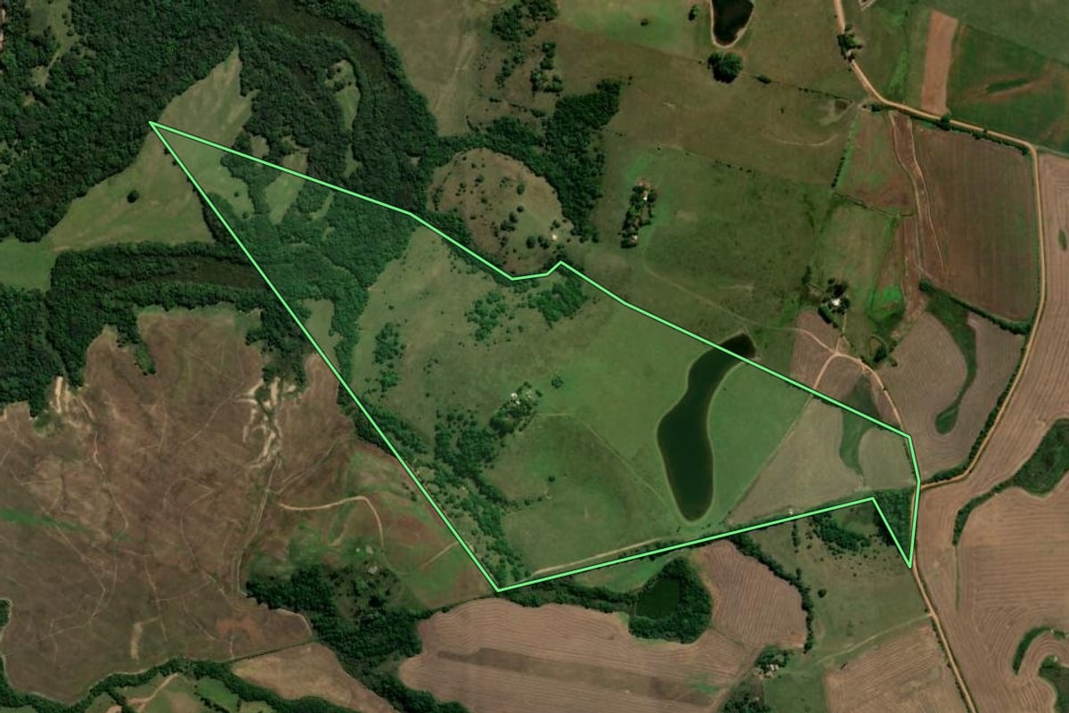 Imagem de satélite do imóvel rural em Piratini (RS), com o contorno declarado no CAR desenhado por cima.