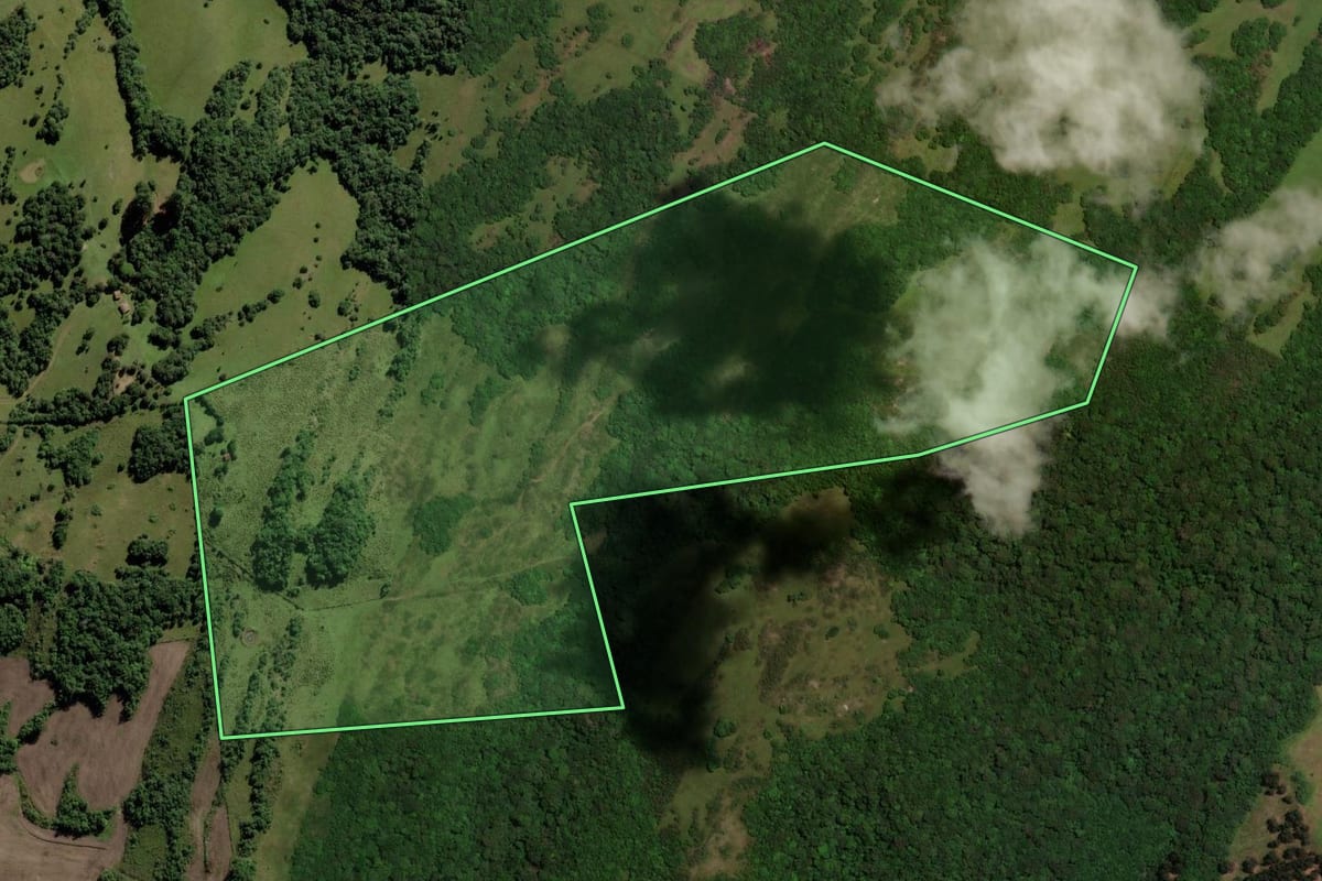 Imagem de satélite do imóvel rural em Piratini (RS), com o contorno declarado no CAR desenhado por cima.