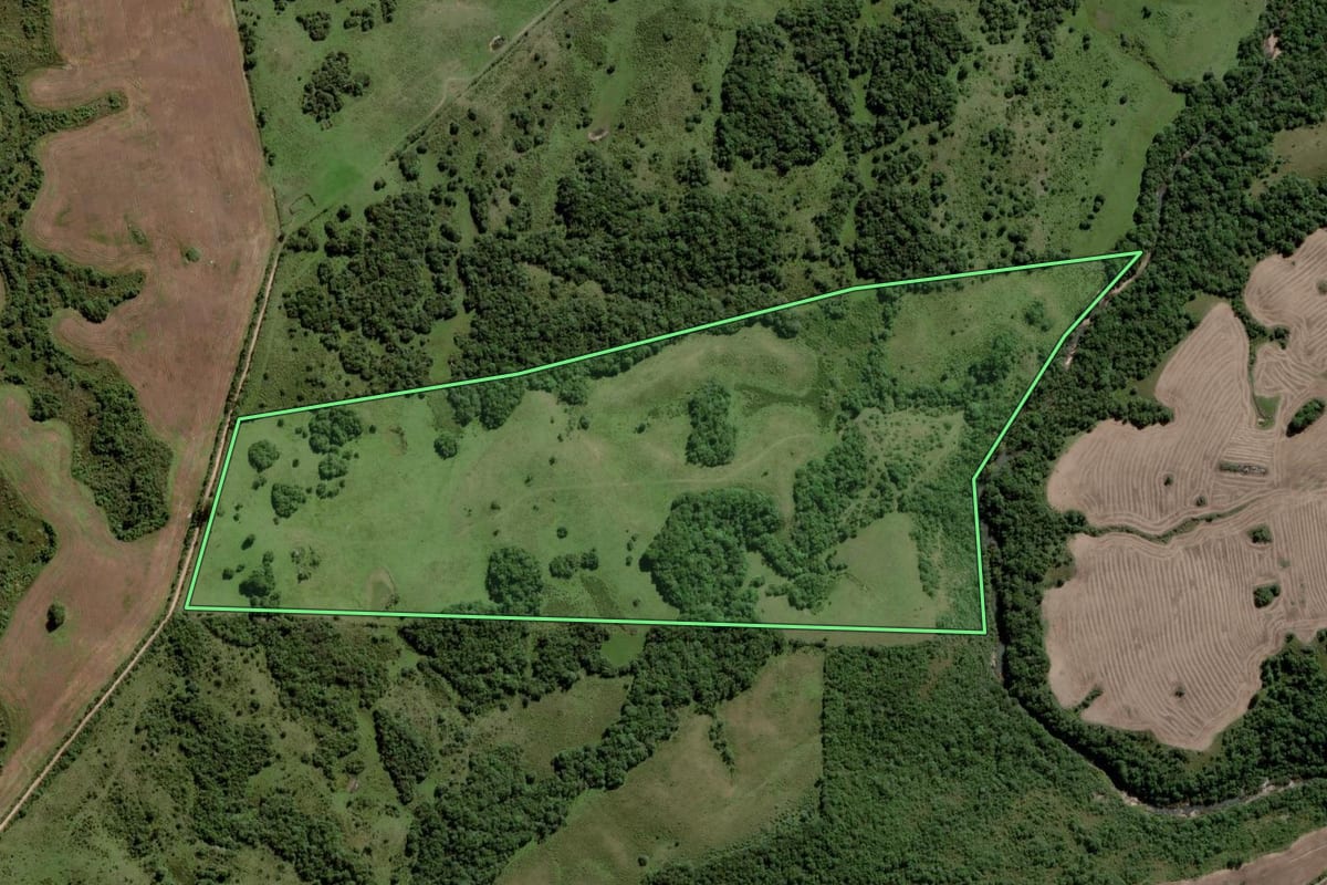 Imagem de satélite do imóvel rural em Piratini (RS), com o contorno declarado no CAR desenhado por cima.