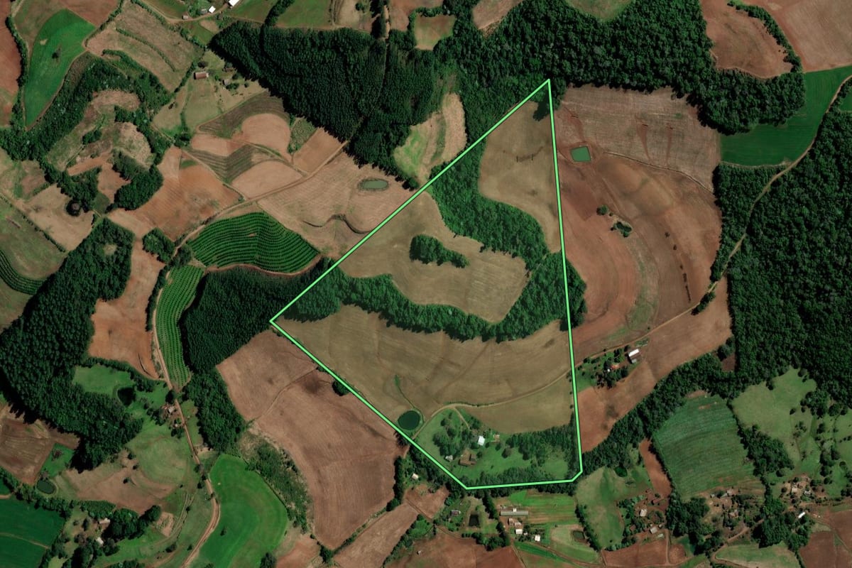 Imagem de satélite do imóvel rural em Planalto (RS), com o contorno declarado no CAR desenhado por cima.