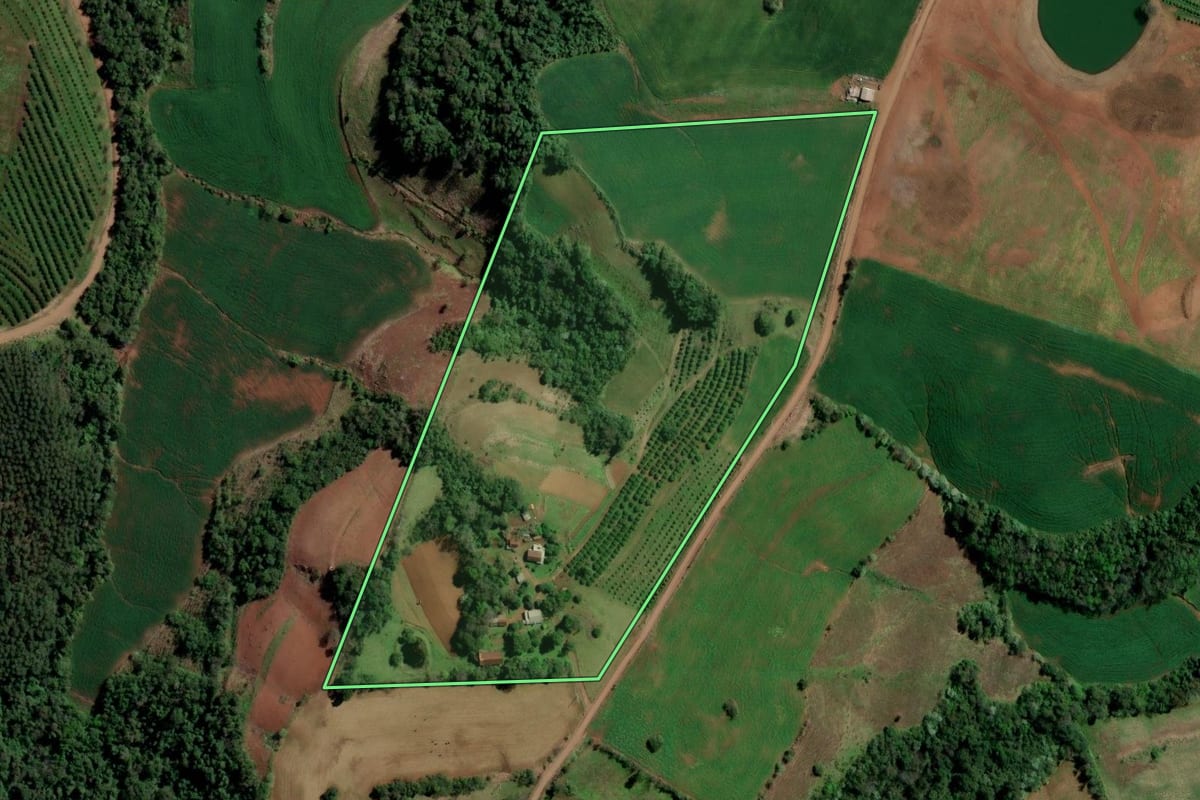 Imagem de satélite do imóvel rural em Planalto (RS), com o contorno declarado no CAR desenhado por cima.