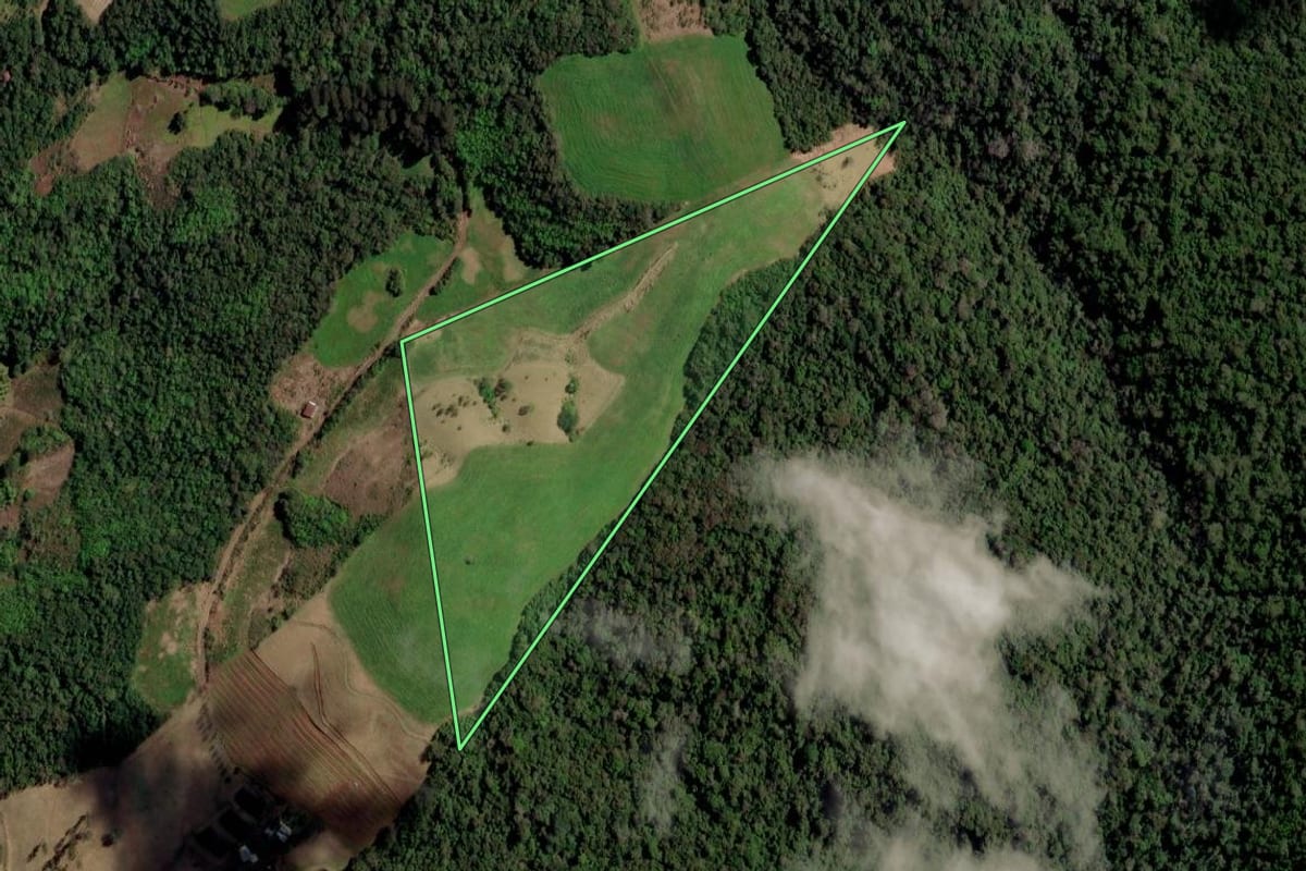 Imagem de satélite do imóvel rural em Planalto (RS), com o contorno declarado no CAR desenhado por cima.