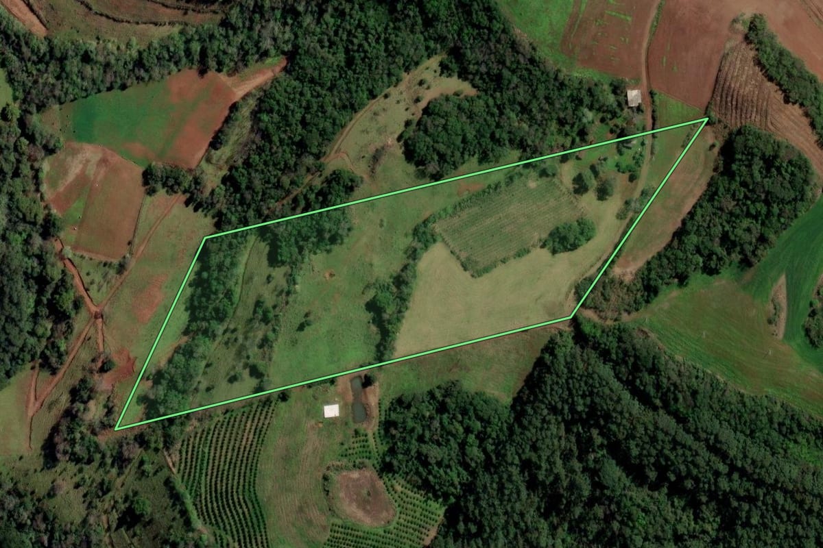 Imagem de satélite do imóvel rural em Planalto (RS), com o contorno declarado no CAR desenhado por cima.