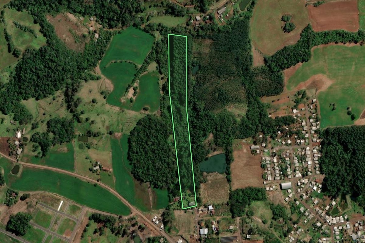 Imagem de satélite do imóvel rural em Planalto (RS), com o contorno declarado no CAR desenhado por cima.