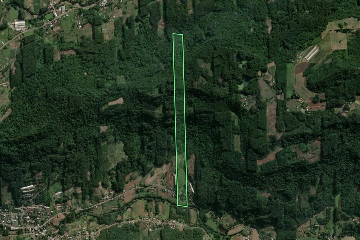 Imagem de satélite do imóvel rural em Poço das Antas (RS), com o contorno declarado no CAR desenhado por cima.