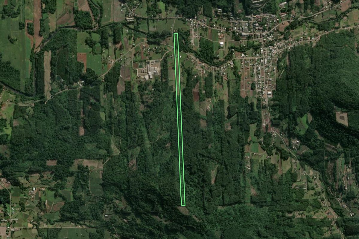 Imagem de satélite do imóvel rural em Poço das Antas (RS), com o contorno declarado no CAR desenhado por cima.