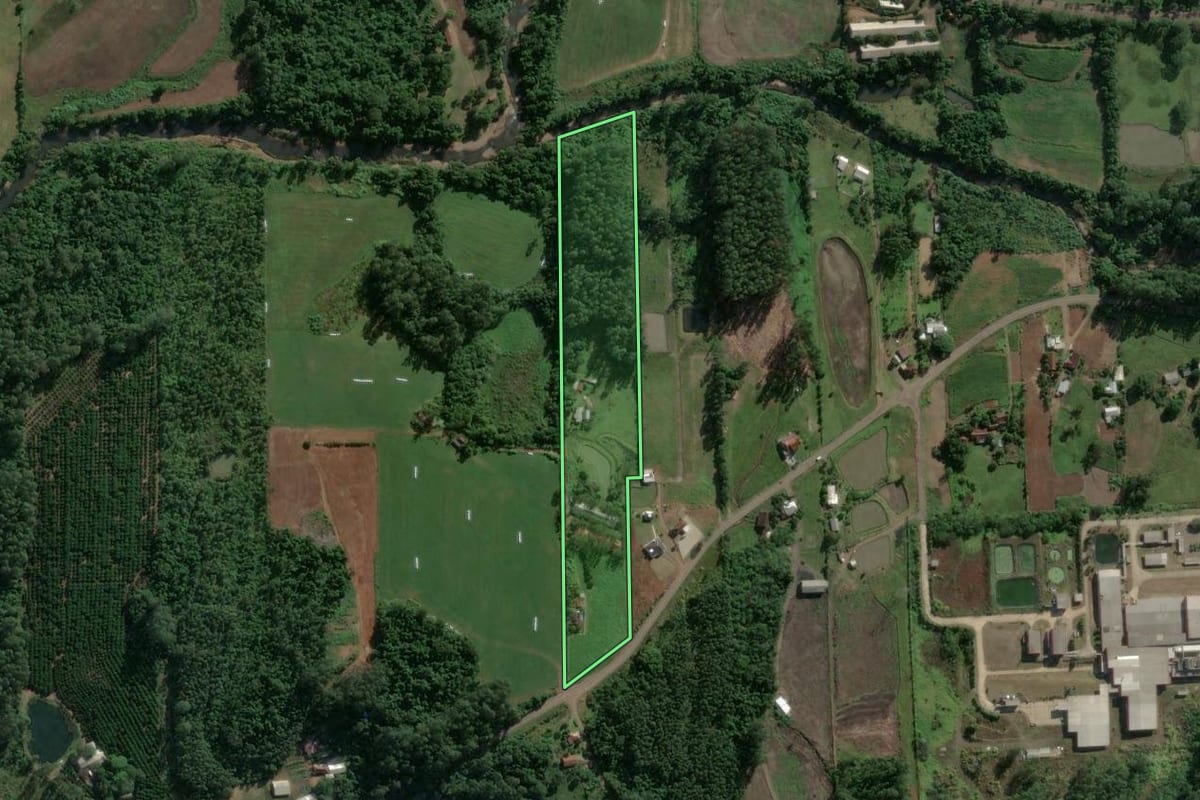 Imagem de satélite do imóvel rural em Poço das Antas (RS), com o contorno declarado no CAR desenhado por cima.
