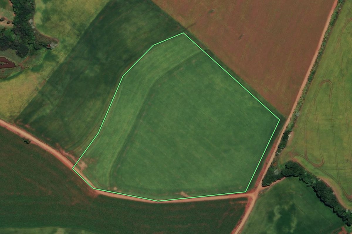 Imagem de satélite do imóvel rural em Pontão (RS), com o contorno declarado no CAR desenhado por cima.