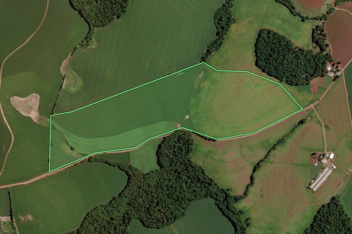 Imagem de satélite do imóvel rural em Pontão (RS), com o contorno declarado no CAR desenhado por cima.
