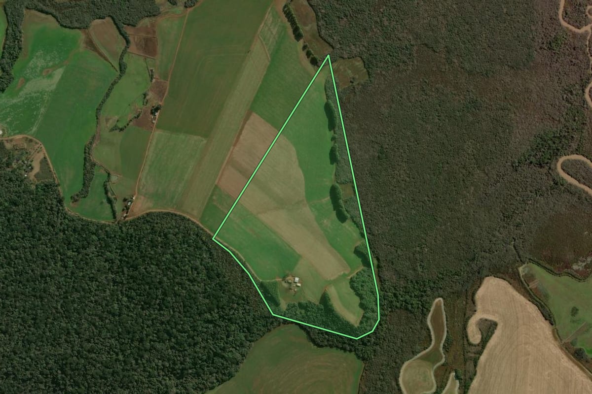 Imagem de satélite do imóvel rural em Pontão (RS), com o contorno declarado no CAR desenhado por cima.