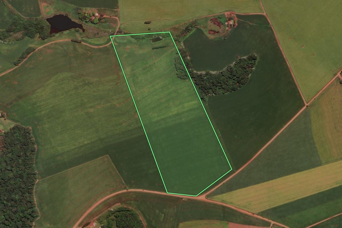 Imagem de satélite do imóvel rural em Pontão (RS), com o contorno declarado no CAR desenhado por cima.