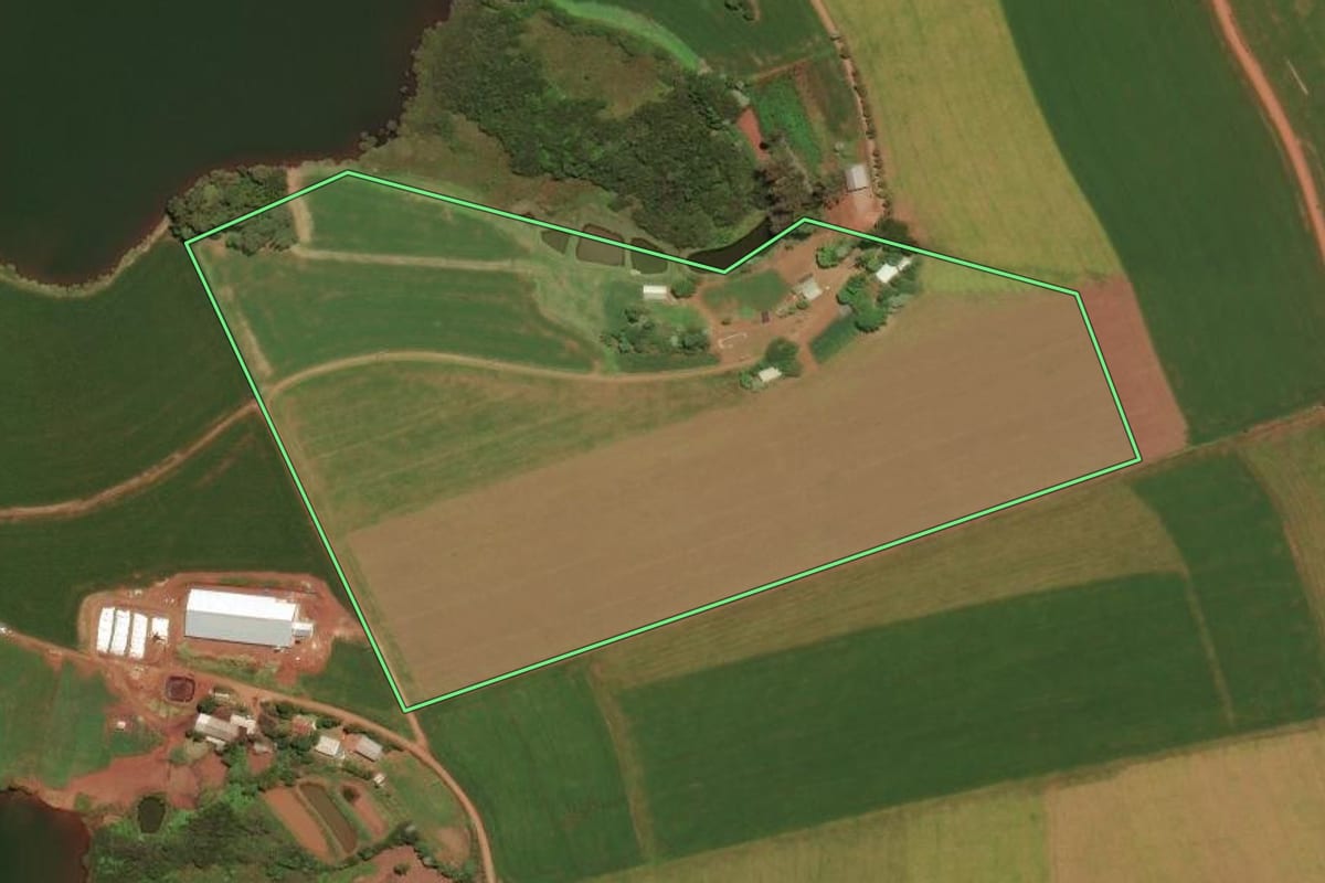 Imagem de satélite do imóvel rural em Pontão (RS), com o contorno declarado no CAR desenhado por cima.