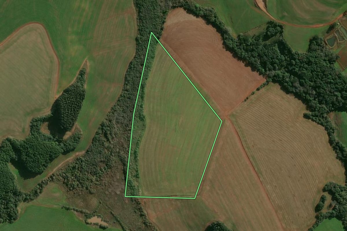 Imagem de satélite do imóvel rural em Pontão (RS), com o contorno declarado no CAR desenhado por cima.