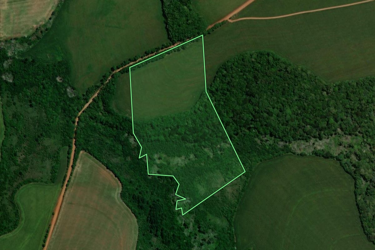 Imagem de satélite do imóvel rural em Pontão (RS), com o contorno declarado no CAR desenhado por cima.