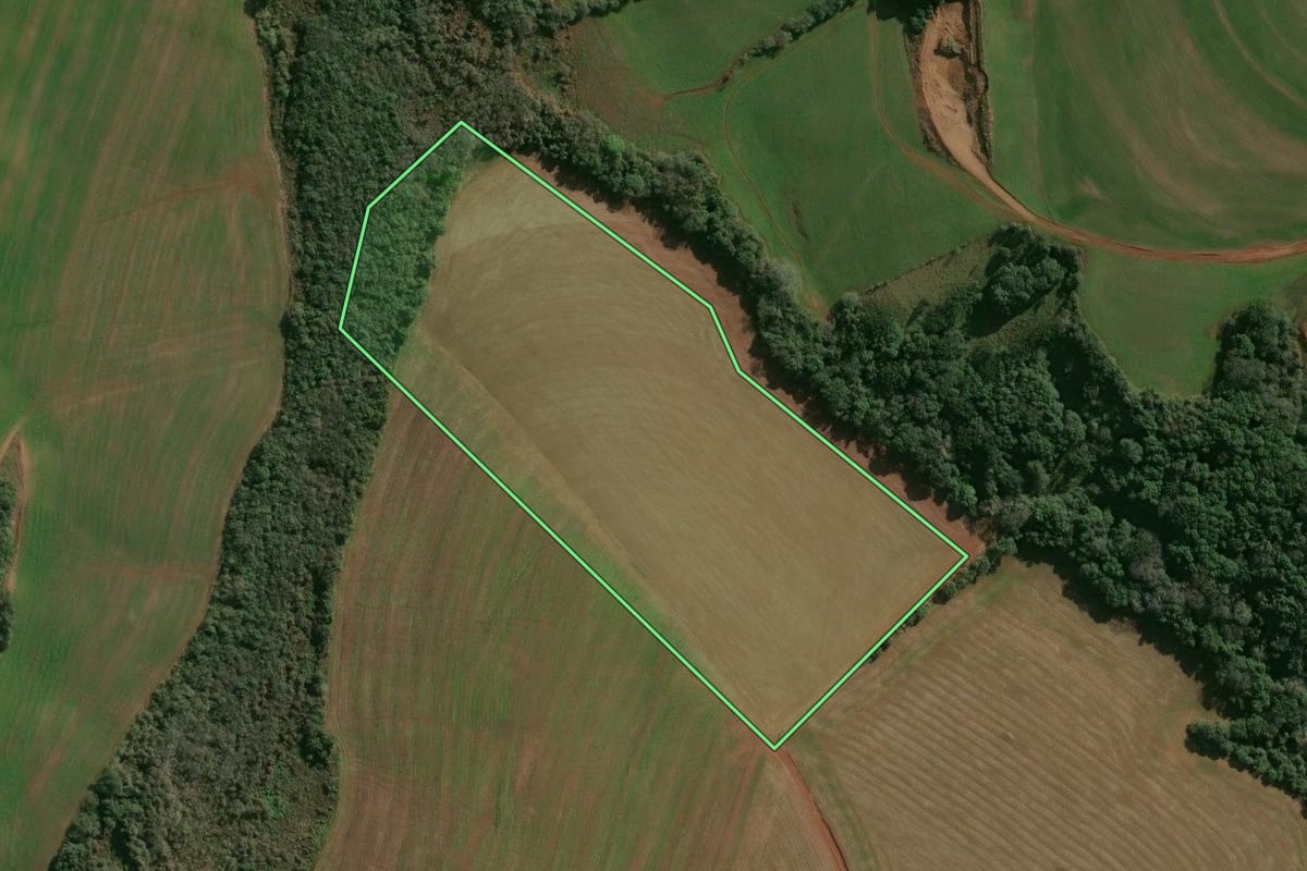 Imagem de satélite do imóvel rural em Pontão (RS), com o contorno declarado no CAR desenhado por cima.