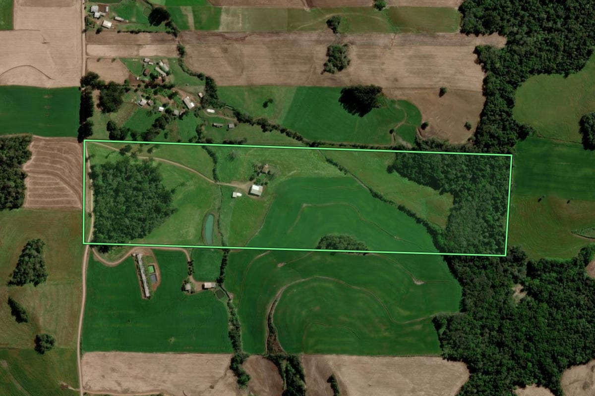 Imagem de satélite do imóvel rural em Ponte Preta (RS), com o contorno declarado no CAR desenhado por cima.