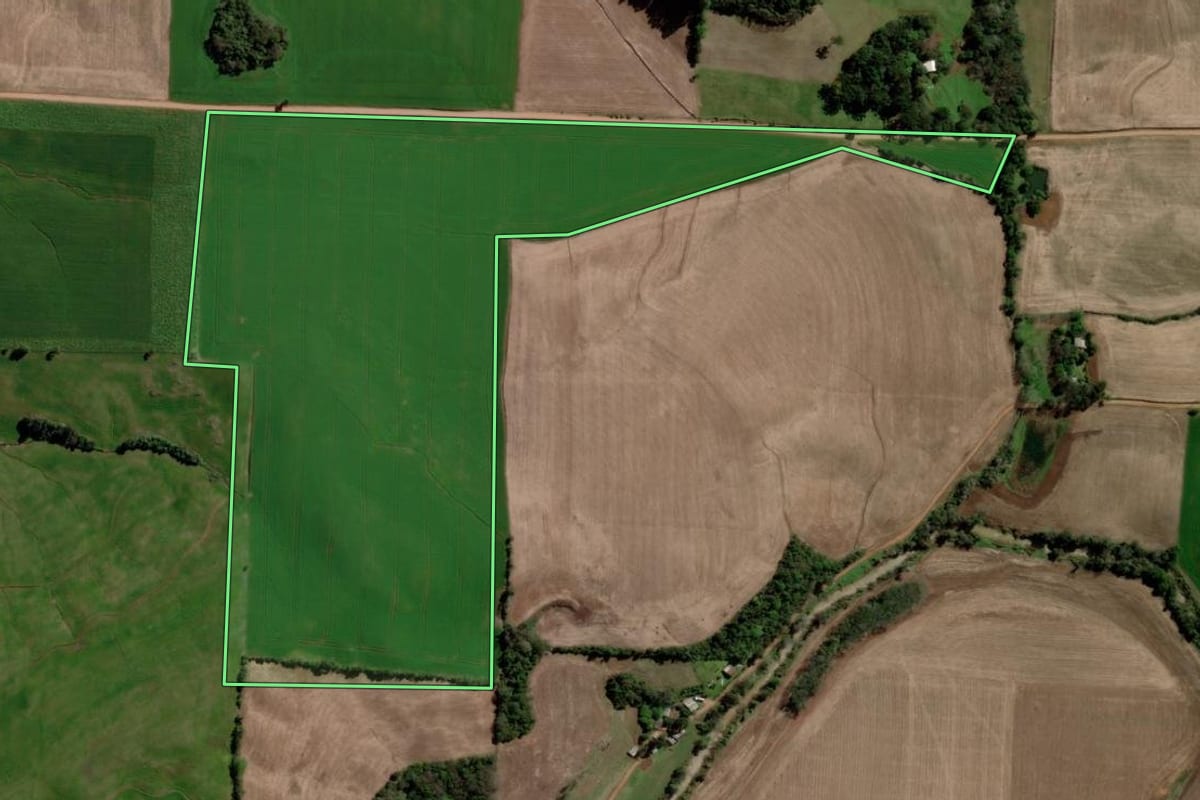 Imagem de satélite do imóvel rural em Ponte Preta (RS), com o contorno declarado no CAR desenhado por cima.