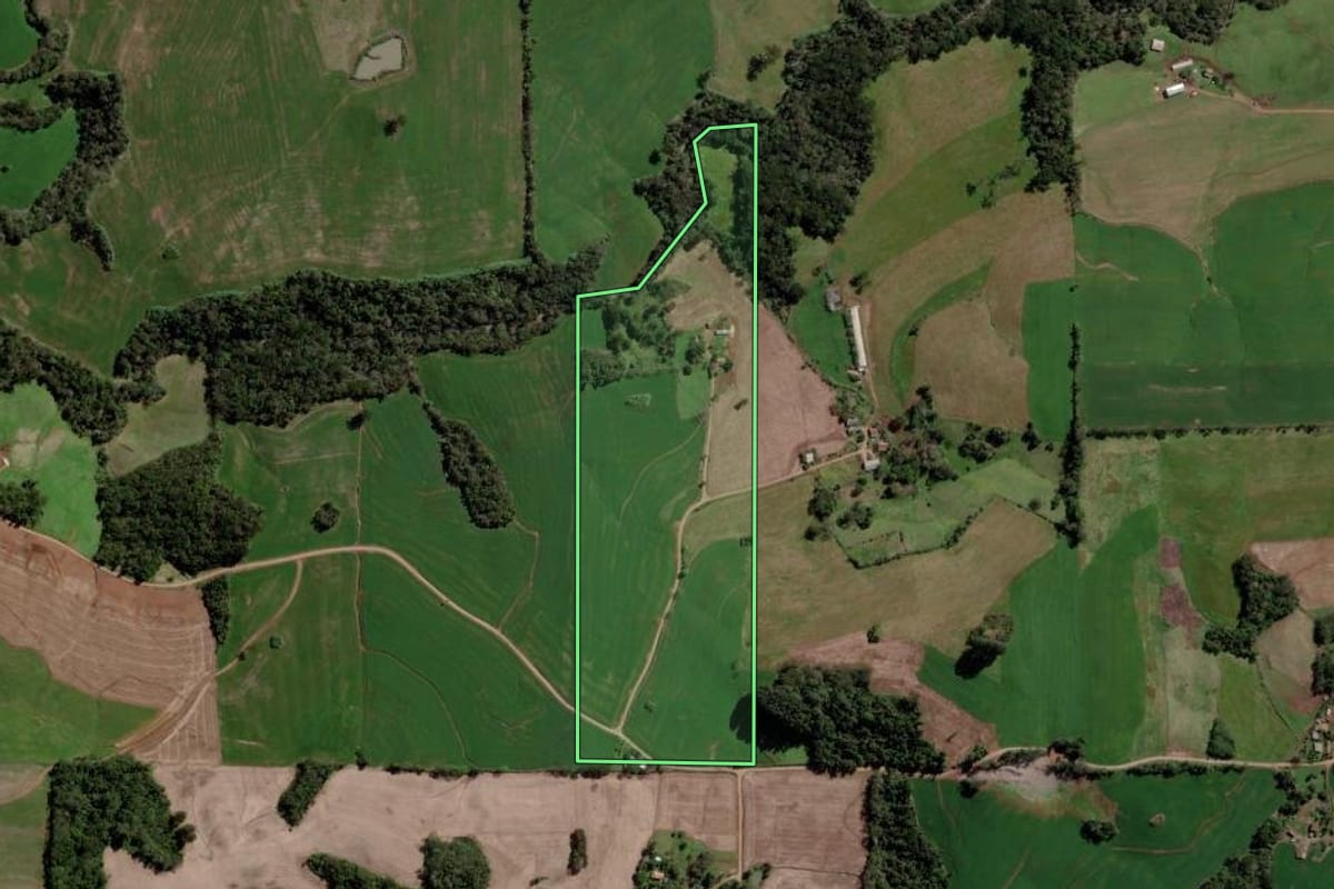 Imagem de satélite do imóvel rural em Ponte Preta (RS), com o contorno declarado no CAR desenhado por cima.