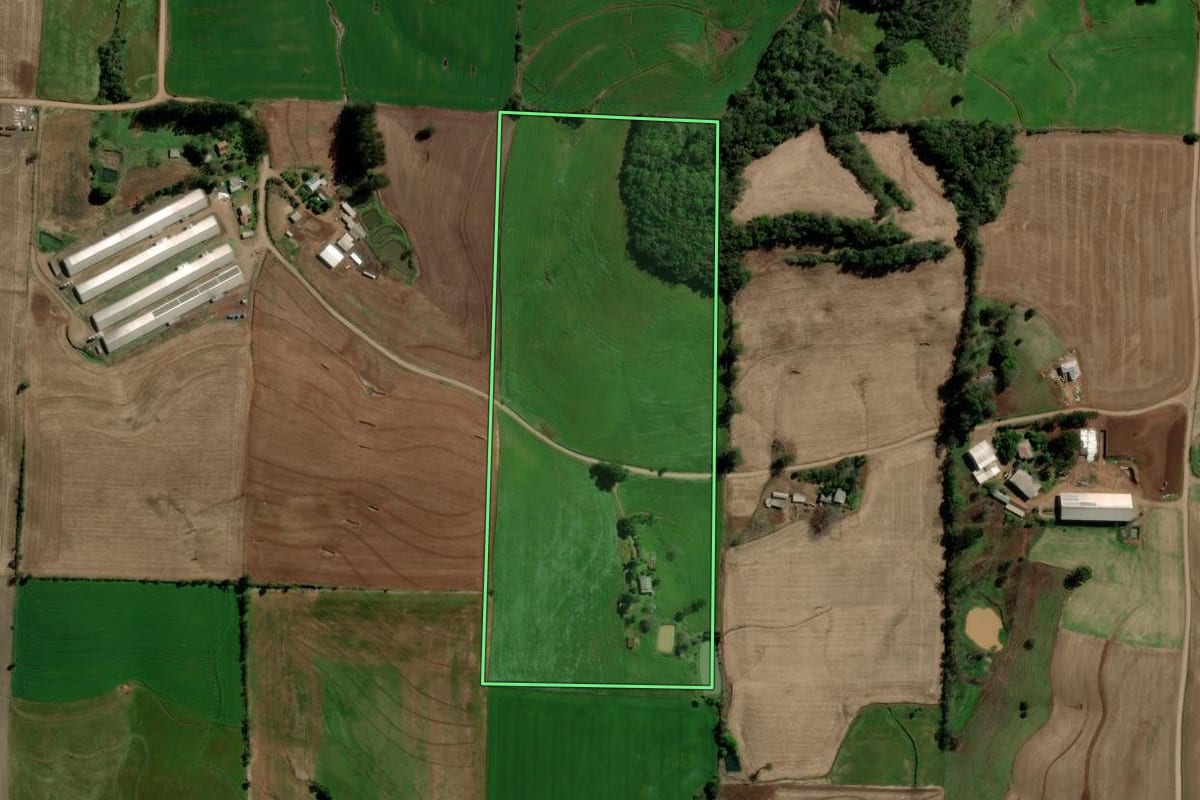 Imagem de satélite do imóvel rural em Ponte Preta (RS), com o contorno declarado no CAR desenhado por cima.