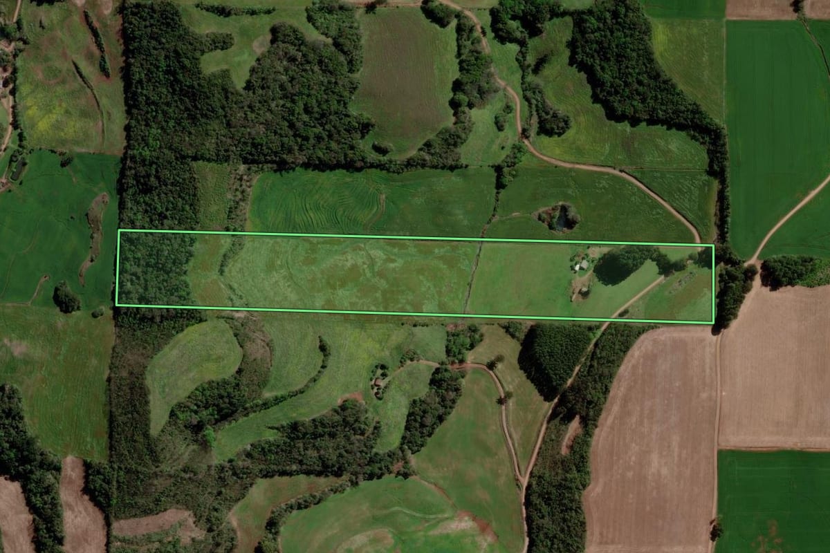 Imagem de satélite do imóvel rural em Ponte Preta (RS), com o contorno declarado no CAR desenhado por cima.