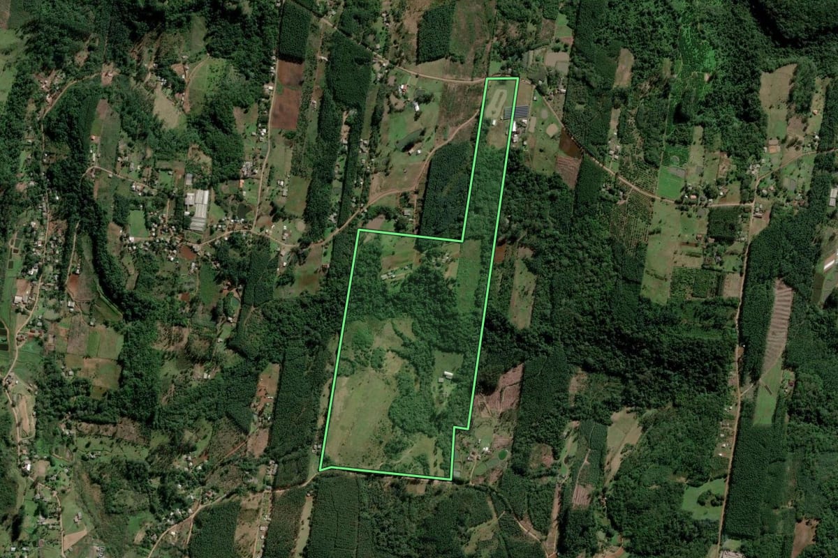 Imagem de satélite do imóvel rural em Portão (RS), com o contorno declarado no CAR desenhado por cima.