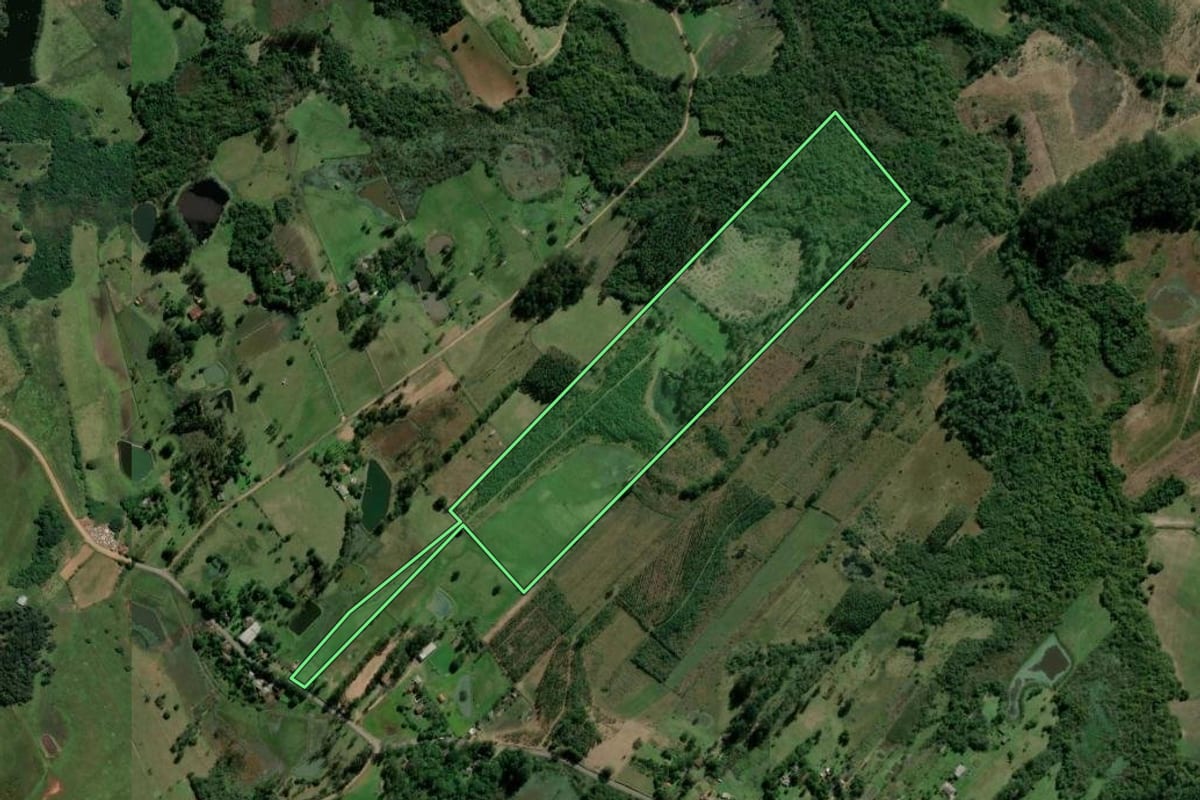 Imagem de satélite do imóvel rural em Portão (RS), com o contorno declarado no CAR desenhado por cima.