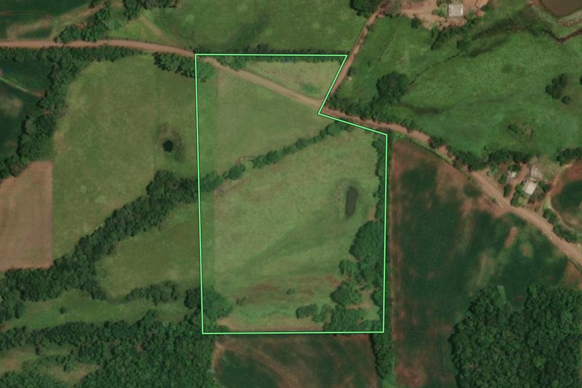 Imagem de satélite do imóvel rural em Porto Lucena (RS), com o contorno declarado no CAR desenhado por cima.
