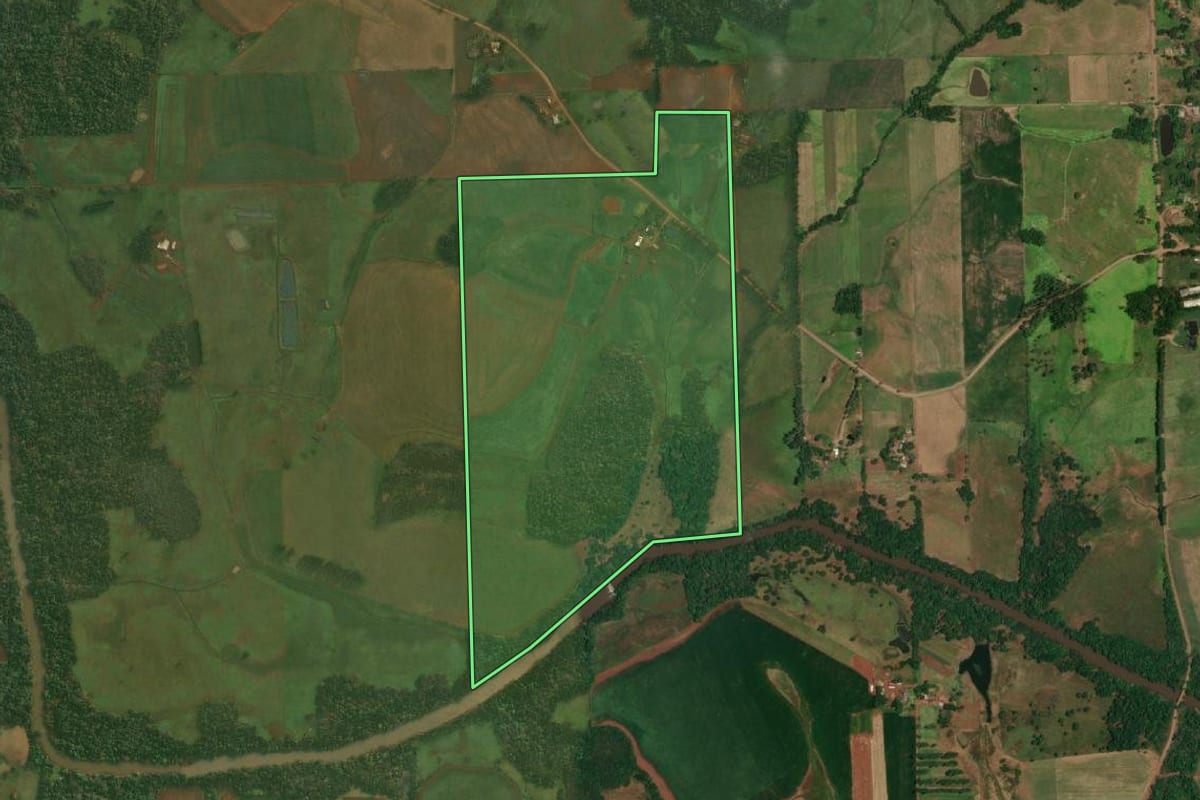 Imagem de satélite do imóvel rural em Porto Lucena (RS), com o contorno declarado no CAR desenhado por cima.