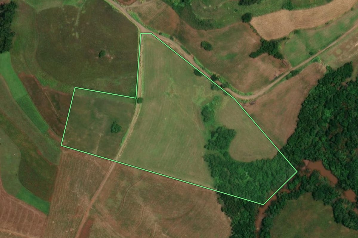 Imagem de satélite do imóvel rural em Porto Lucena (RS), com o contorno declarado no CAR desenhado por cima.